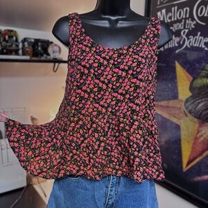 Vintage Pink & Black Floral Babydoll Tank Top